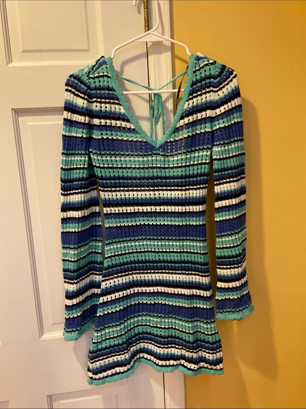 Striped Knit beach cover up in Teal, Blue & White, small